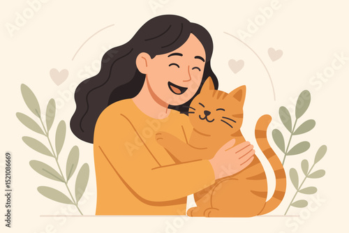 Happy young woman embracing orange tabby cat in a tender hug. Pet therapy concept, animal companionship, emotional support, love, and mental well-being. Flat vector illustration design.