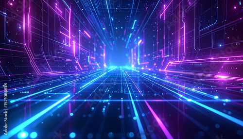 Futuristic abstract background, glowing circuit lines and digital grid patterns, neon blue and violet color palette, holographic light effects, copy space, illustration.