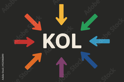 KOL Key Opinion Leader marketing concept. Colorful arrows pointing towards the acronym KOL, representing influence, expert branding, social media strategy, targeting, and audience engagement.