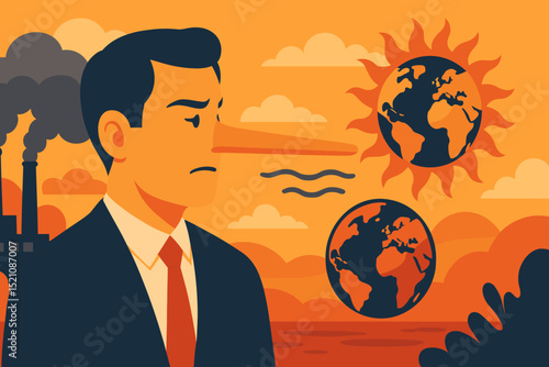 Lying businessman Pinocchio nose concept illustration. Corporate deception global warming. Climate change denial, environmental pollution, industry impact, fake news. Greenwashing metaphor.