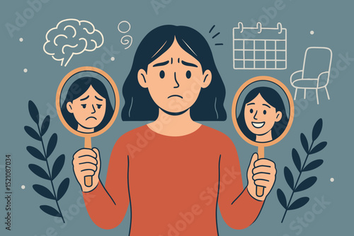 Bipolar disorder metaphor, woman holding mirrors reflecting happy sad emotions. Mental health concept, mood swings, psychology, therapy. Dual personality, emotional state, inner conflict, choice.