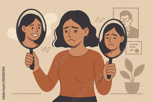 Woman suffering from self-doubt, insecurity, split personality, or bipolar disorder. Psychological depression, anxiety, sadness, and emotional struggle concept. Dual reflection