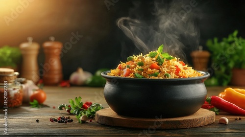 Steaming pot of flavorful rice dish with fresh herbs and vegetables. AI-generated.