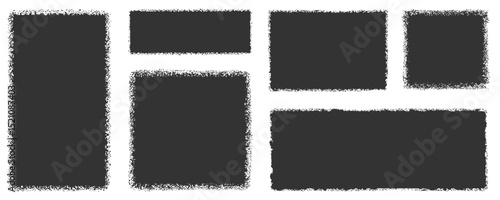Black grunge vector text box frames in rectangular and square shapes. Sand texture strokes. Black paint stamps on a transparent background, featuring a grunge sketch effect. Vector graphic