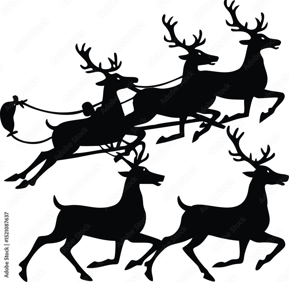 Naklejka premium Reindeer Sleigh Silhouettes – Christmas Vector EPS for Holiday Designs