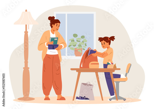 Mother and daughter preparing for school picking up school bag together at home flat vector illustration.