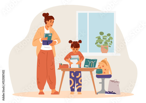 Mother helps her daughter preparing for school packing up school bag at home flat vector illustration.