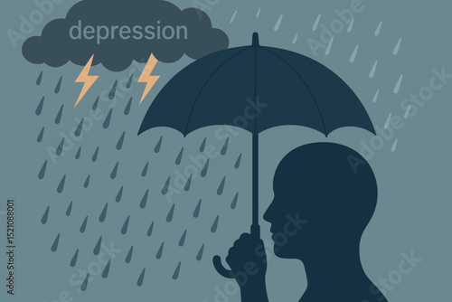Mental health concept. Depression storm metaphor. Silhouette with umbrella shields from rain, lightning. Coping, resilience, psychology. Support for anxiety, stress, mental illness. Protection.