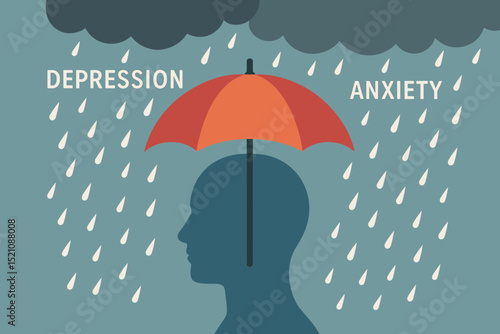 Shielding Head from Mental Storm of Anxiety and Depression with Umbrella. Protecting from Negative Thoughts. Mental Health Concept. Rain of Worries. Psychology Illustration