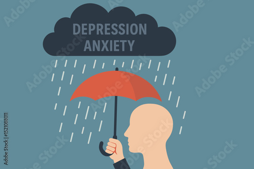 Mental health concept: Person with umbrella shielding from depression and anxiety cloud. Metaphor for stress, psychological protection, resilience, support, and coping with mental storms.