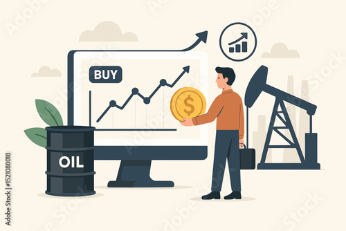 Energy sector investment. Businessman with dollar coin analyzing oil price chart on computer. Petroleum stock market trading, fossil fuel commodity, financial growth strategy vector.