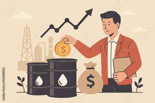 Energy investment strategy concept. Businessman with money coin investing in oil barrels. Petroleum industry, fossil fuel market growth. Financial success, economic profit chart vector.
