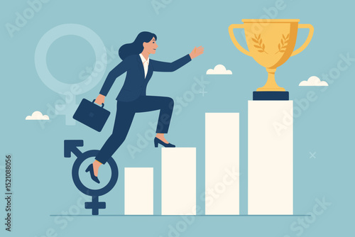 Female leadership success concept. Businesswoman climbing career ladder steps, bar chart graph towards trophy. Gender equality, empowerment, ambition, achievement, professional growth. Woman power.