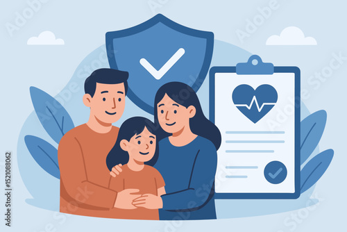 Family health insurance and medical care protection concept. Parents with child, secure with healthcare plan policy document, shield symbol. Life assurance, wellbeing, financial security.
