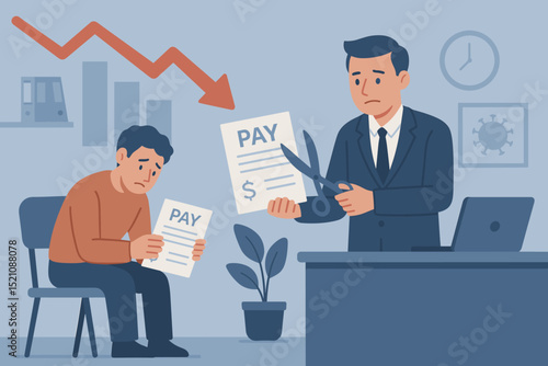 Businessman cutting employee salary pay document with scissors, salary reduction announcement, financial crisis impact, pay cut concept, economic downturn, office scene
