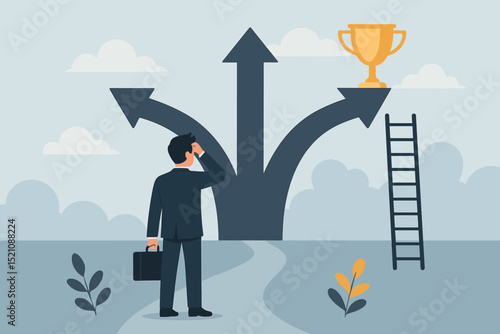 Businessman at crossroads considering career path choices and important business decisions. Concept of future direction, strategy, opportunity, ambition, and achieving success. Ladder to trophy.