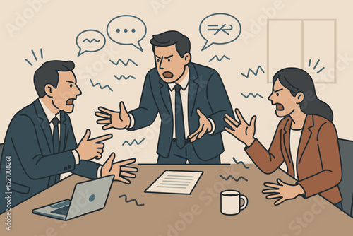 Office debate chaos. Angry business people arguing. Workplace conflict, team disagreement. Stressful meeting, colleagues shouting. Communication breakdown, misunderstanding. Corporate dispute. Vector.