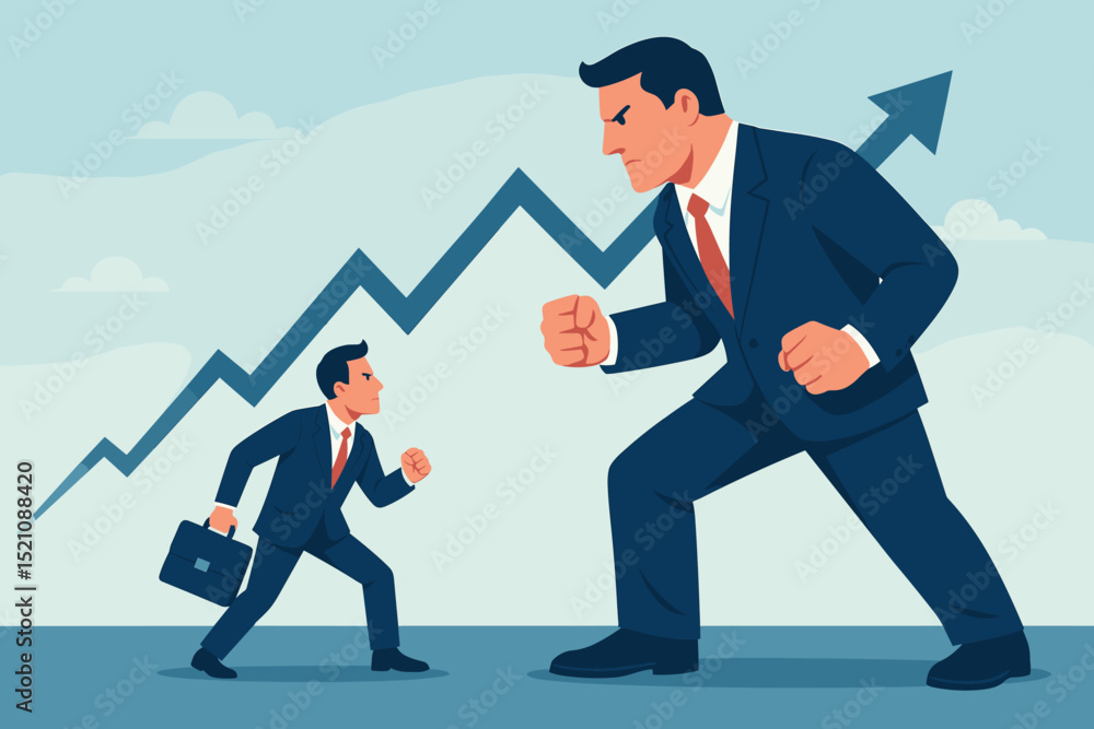 David vs Goliath business metaphor. Small businessman challenges giant corporation. Underdog vs big business. Market competition concept. Ambition, courage, determination. Growth arrow. Rivalry. David vs Goliath business metaphor. Small businessman challenges giant corporation. Underdog vs big business. Market competition concept. Ambition, courage, determination. Growth arrow. Rivalry.