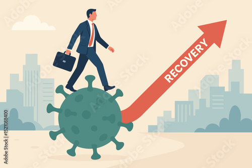 Business economic recovery journey. Reopening urban economy after the crisis. Businessman climbs chart up virus. Growth, success, overcoming recession, financial crisis, global pandemic problems.