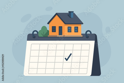 Mortgage payment due date concept. House icon on calendar, real estate loan installment schedule reminder. Home financing planning, timely bill pay. Property investment financial deadline vector.