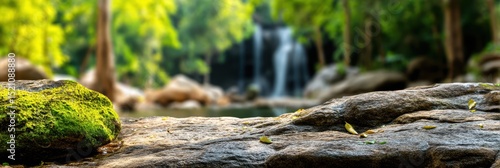 Wallpaper Mural mossy rock surface with blurred waterfall in rainforest background Torontodigital.ca