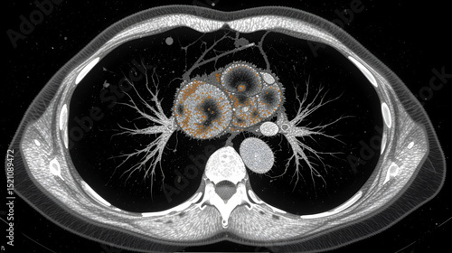 CT scan show heterogeneous mass at interior mediastinum , the mass slightly invade proximal lower part of svc for medical and technology concepts