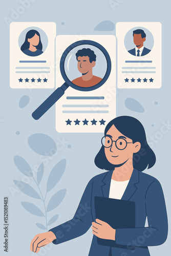 Professional Human Resources Woman Searching for Top Talent. HR Specialist Reviewing Resumes, Candidates, and Employee Profiles for Recruitment, Hiring, and Job Placements