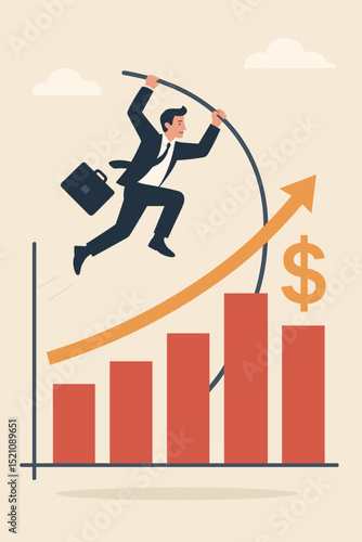 Ambitious businessman vaults over a rising profit graph, symbolizing financial success, corporate growth, business achievement, investment gain, overcoming challenges, and future prosperity goals