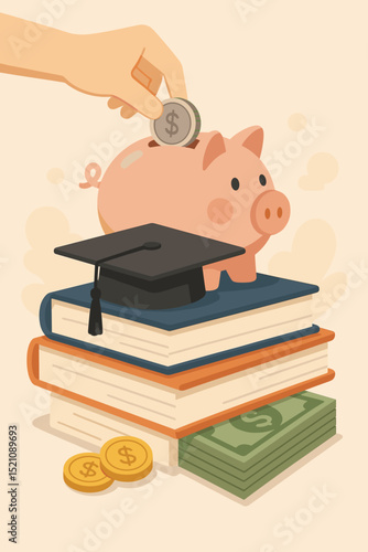 Education Savings Planning for College Fund Future. Piggy bank on books with graduation cap, symbolizing investment in academic success. Financial planning for student education.