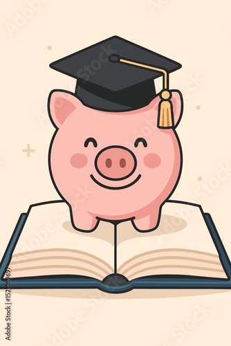 Cute piggy bank wearing a graduation cap on an open book, symbolizing education savings, college fund, financial planning, scholarship, and student loan management for future academic success