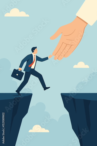 Business career assistance. Helping hand concept. Businessman overcoming professional gap, challenge, problem, obstacle. Financial help, support, mentorship, guidance, leadership, solution.