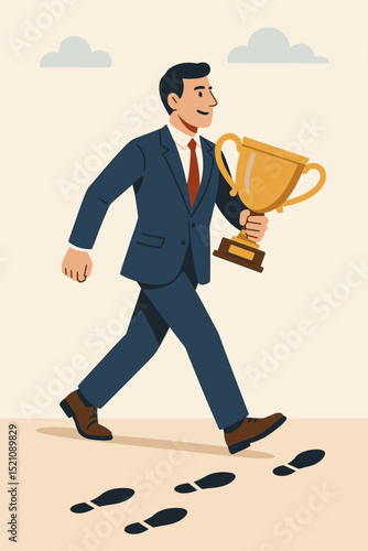 Confident businessman achieving success, holding a golden trophy, leaving determined footsteps. Man walking towards a bright future, celebrating victory, award, accomplishment, and triumph