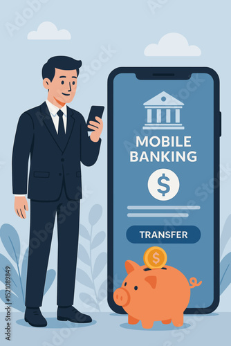 Man using mobile banking app for online money transfer, secure digital payment, and savings management with a piggy bank. Financial technology concept.