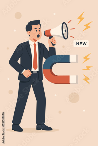 Marketing magnetism concept. Businessman shouting into megaphone, attracting new customers. Business leader promoting product, new service. Sales advertising campaign. Financial growth strategy.