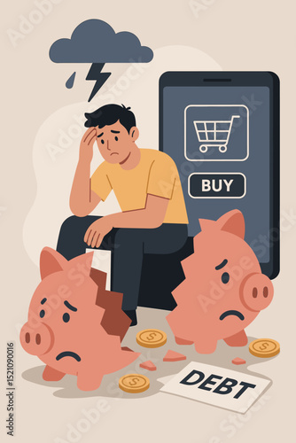 Stressed man facing online shopping debt and financial crisis. Broken piggy bank, overspending, and money problems concept. Sad male with lightning cloud.