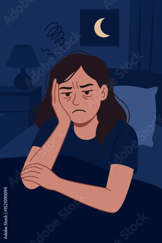 Exhausted Woman Suffers from Sleepless Night, Insomnia, and Sleep Deprivation, Feeling Stress, Anxiety, and Fatigue in Her Dark Bedroom Late at Night Due to Mental Health Problems
