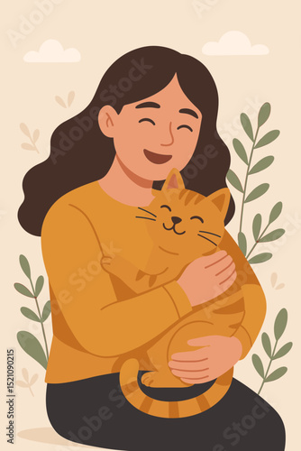 Woman embracing cute cat, finding comfort, joy, and emotional support in pet therapy. Happy female owner hugging beloved feline, representing love, relaxation, and animal companionship.