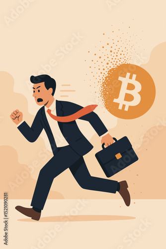 Bitcoin crash financial crisis concept. Panicked businessman investor running away from crumbling cryptocurrency coin. Crypto market collapse, investment risk, digital currency volatility.