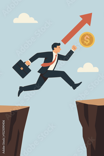 Determined Businessman Leaping Across a Cliff, Symbolizing Risk, Challenge, Ambition, and Overcoming Obstacles Towards Financial Growth and Success in a Dynamic Business World