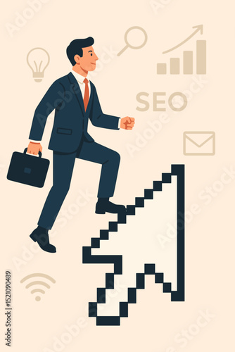Digital marketing success concept. Businessman climbing online mouse cursor, ascending towards SEO, growth, and internet business achievement. Web technology promotion