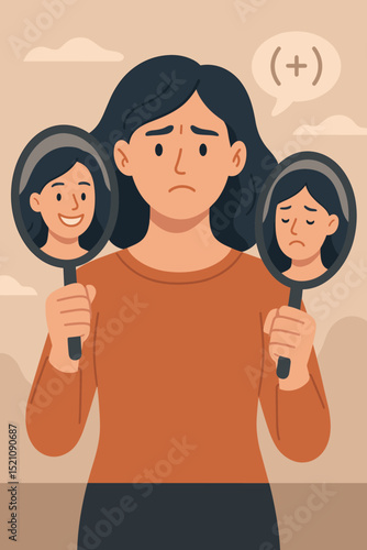 Woman with emotional reflection. Low self-esteem concept. Sad character looking in mirror, seeing happy positive confident face. Depression, anxiety, mental health, psychology illustration.