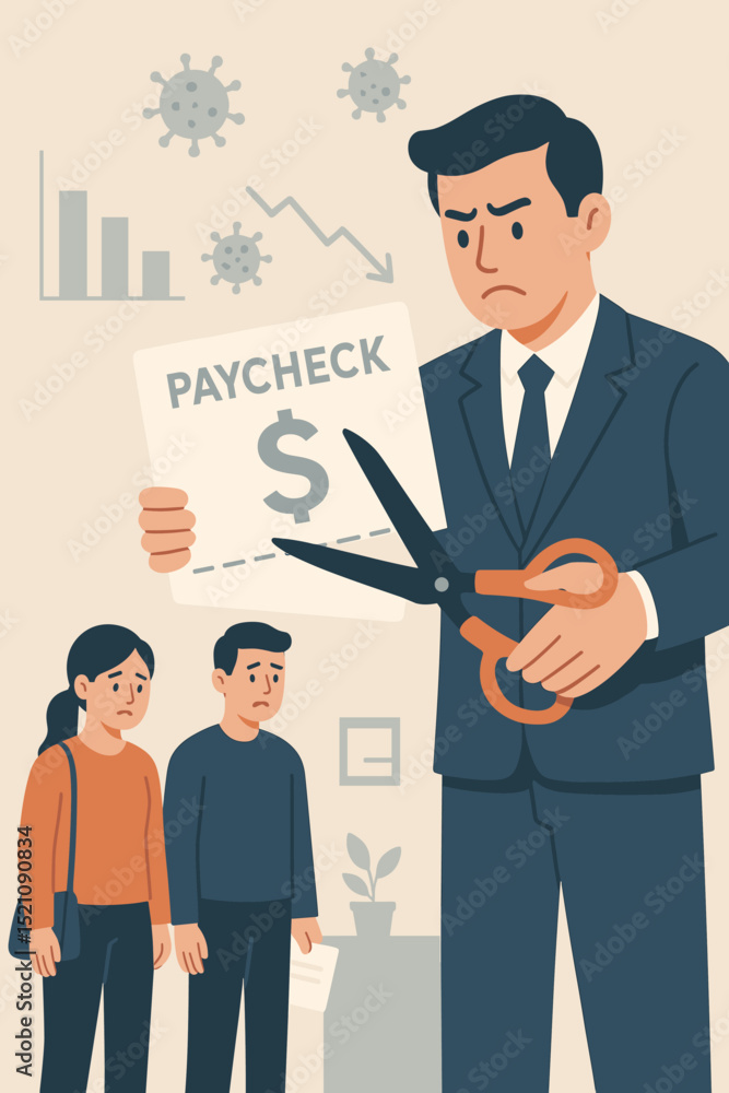 Concerned businessman cutting a paycheck, illustrating salary reduction, job loss, economic crisis, and financial hardship. Unemployment, layoffs, and recession impact employees. Concerned businessman cutting a paycheck, illustrating salary reduction, job loss, economic crisis, and financial hardship. Unemployment, layoffs, and recession impact employees.