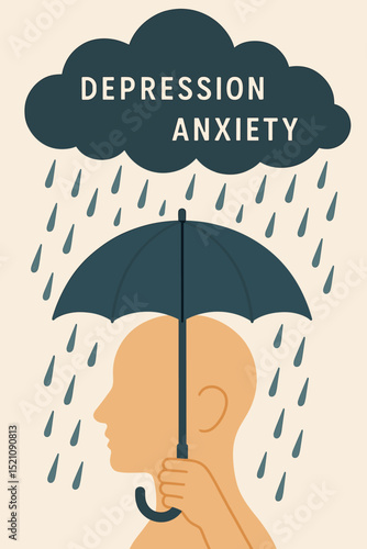Shielding mental health. Person with umbrella protecting from depression and anxiety rain cloud. Concept of psychology, therapy, support, coping with stress and emotional well-being.