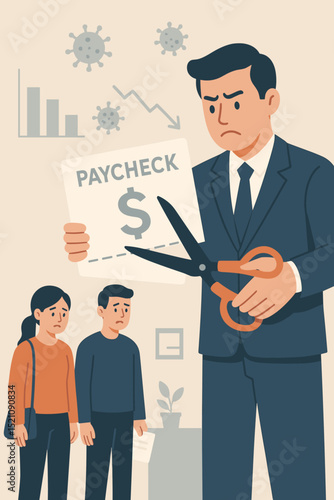 Concerned businessman cutting a paycheck, illustrating salary reduction, job loss, economic crisis, and financial hardship. Unemployment, layoffs, and recession impact employees.