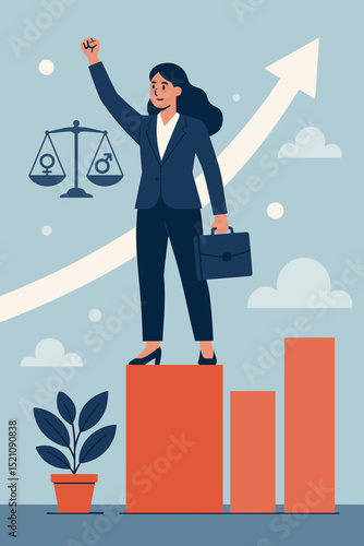 Empowered businesswoman achieving success, promoting gender equality, rising to leadership, and breaking through the glass ceiling for women's rights and professional growth