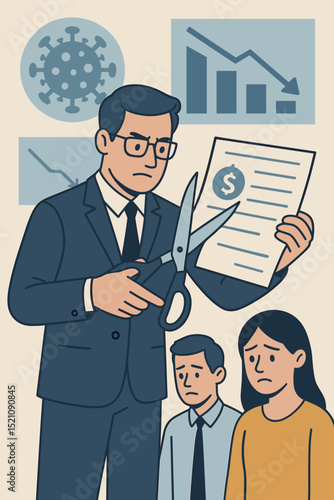 Economic downturn impact on employees. Businessman cutting salary. Job loss concept. Financial crisis. Company bankruptcy problem. Workforce reduction. Wage cut illustration. Furlough.