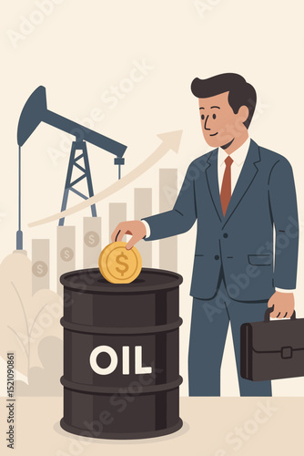 Oil and gas investment growth, energy sector wealth management, petroleum industry savings, financial success, business profits, crude oil barrel, economic prosperity, businessman investing.
