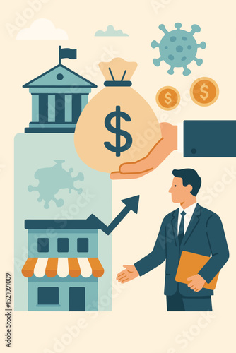 Economic support illustration for businesses during crisis. Government stimulus package, financial aid, and loans for small businesses to recover from recession and pandemic downturn.