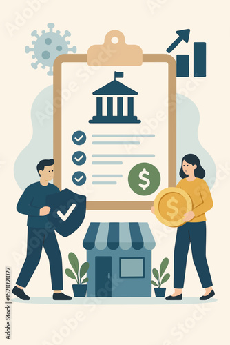 Economic support program illustration for small business during crisis. Government financial aid, loan, stimulus, insurance and subsidy to help with pandemic recovery and growth.