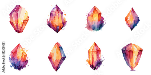 Multiple vector illustrations crystal, watercolor style
